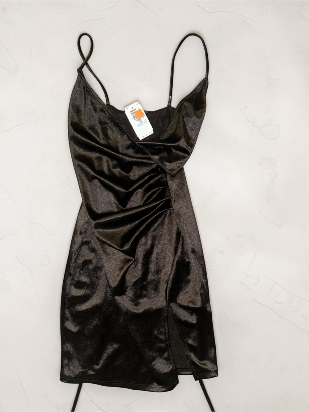 Blue Blush Black Satin Slip Dress with Spaghetti Straps